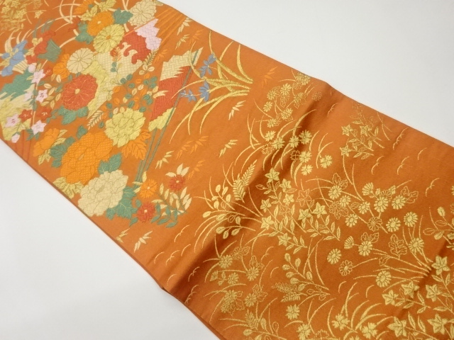 JAPANESE KIMONO / VINTAGE FUKURO OBI / SILK / WOVEN AUTUMN FLOWERS
